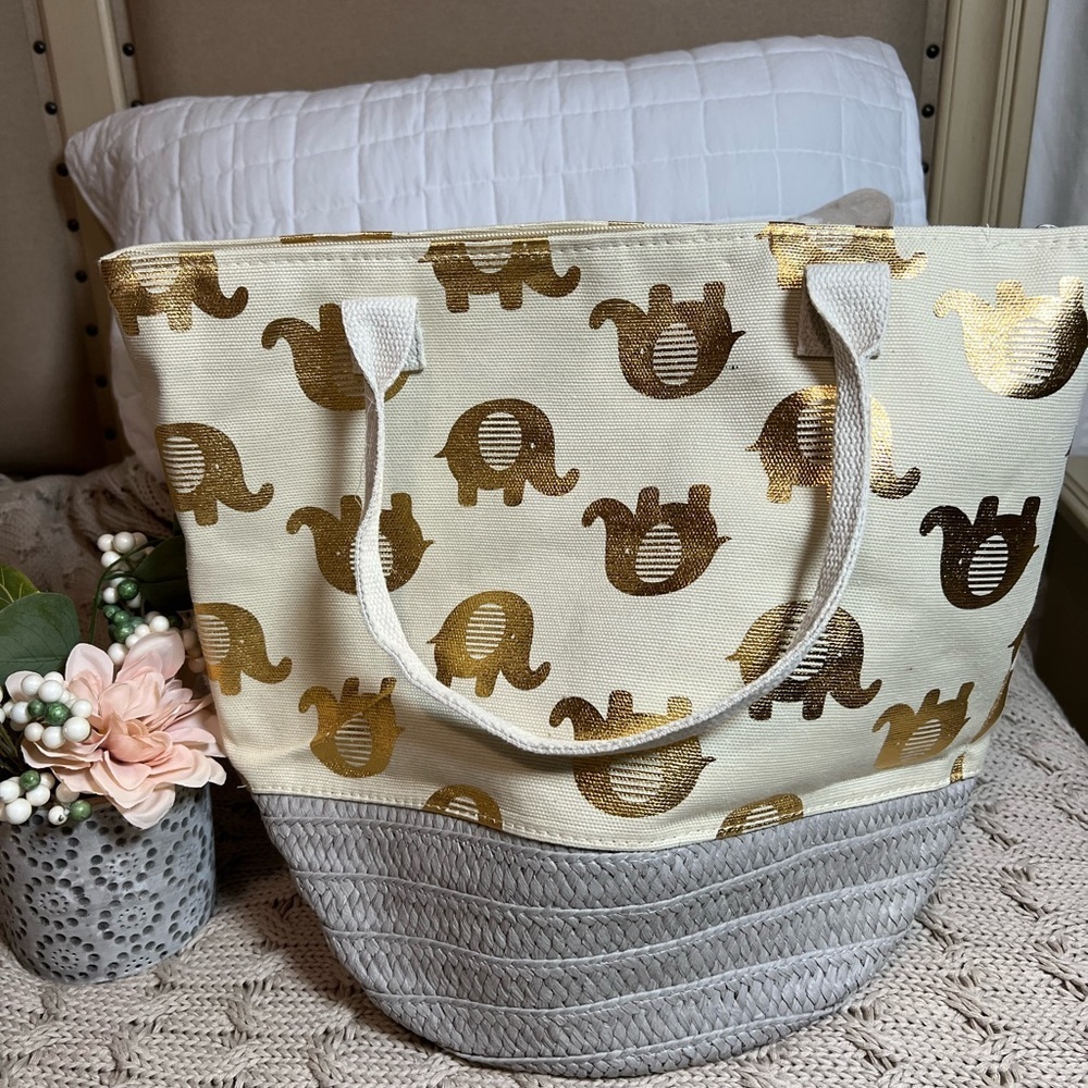 LOF Canvas Tote with Gold Elephant Design